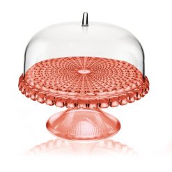Tiffany Cake Stand With Dome 30 x 27cm(h) - Coral